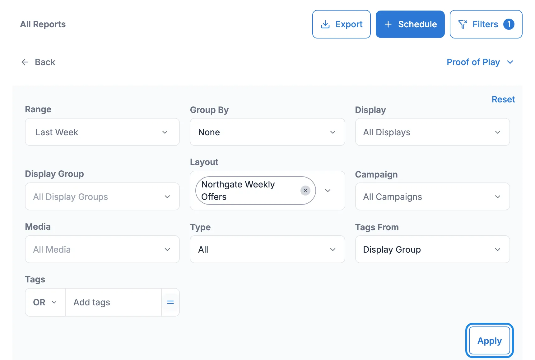 The Proof of Play filters with Last Week and Northgate Weekly Offers chosen, and Apply outlined