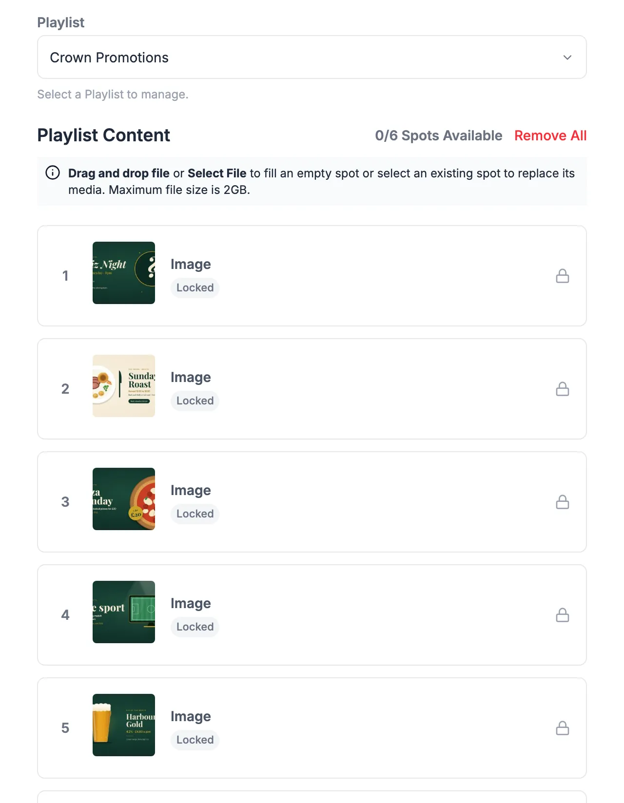 The playlist page for Crown Promotions, showing six numbered spots with their images