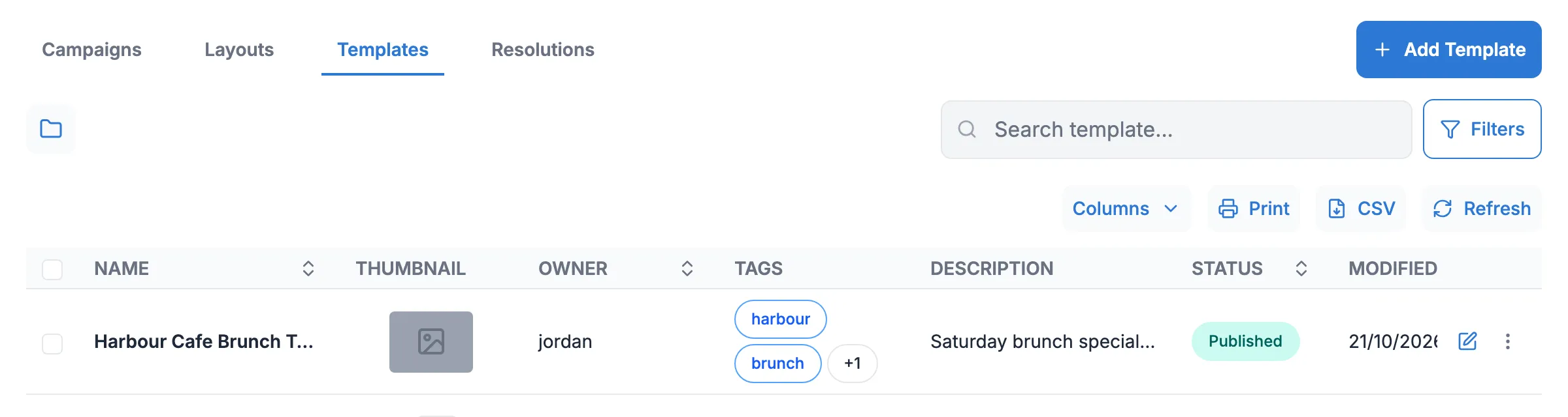 The Templates page listing Harbour Cafe Brunch Template