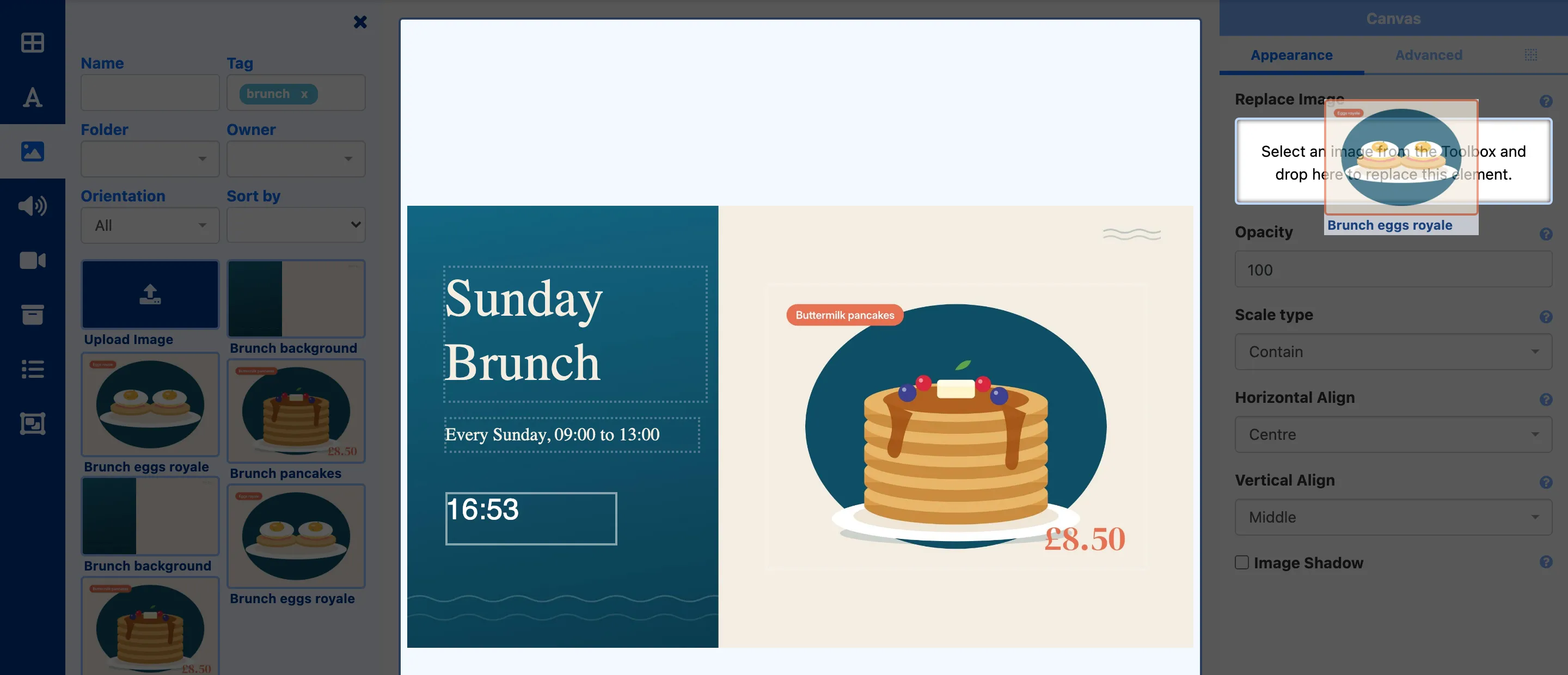 The eggs royale picture being dragged onto the Replace Image box