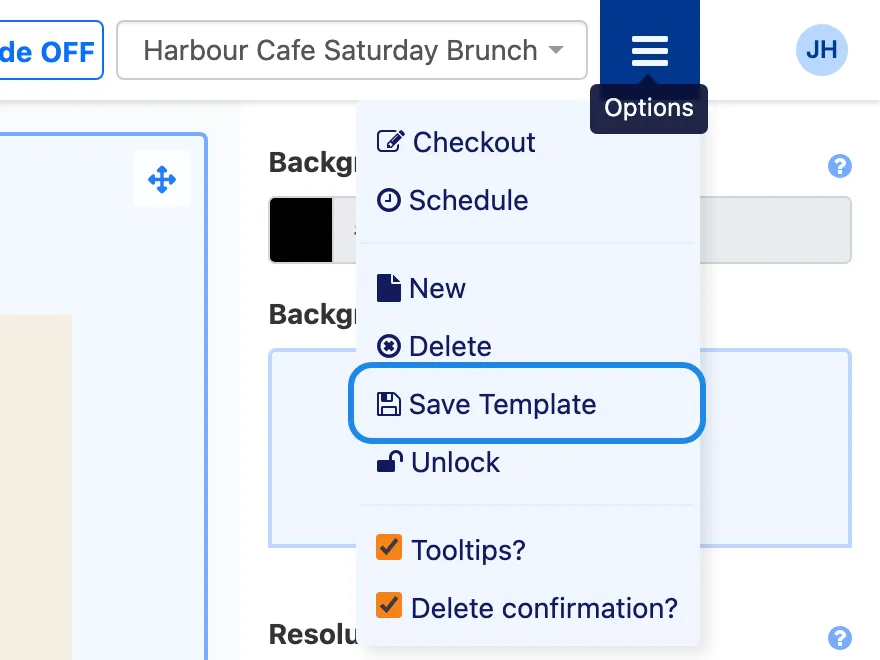 The Options menu in the layout editor with Save Template highlighted