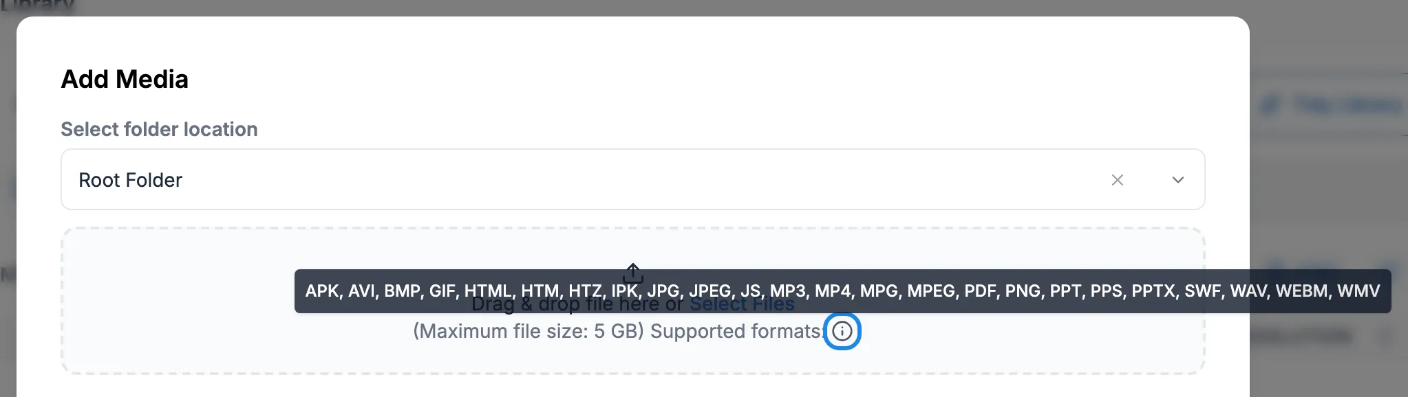 The Add Media window with the supported formats list showing above the info icon, which is outlined
