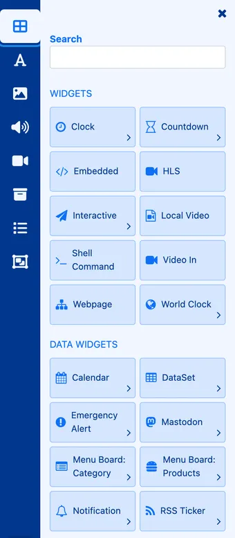 The Add widgets panel listing Clock, Countdown, Embedded, Webpage and the other widgets, with the data widgets underneath