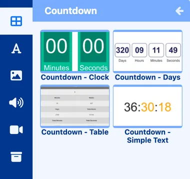 The Countdown panel showing four styles: Clock, Days, Table and Simple Text