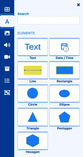 The Global Elements panel with Text, Date / Time, Line, Rectangle, Circle, Ellipse, Triangle, Pentagon and Hexagon