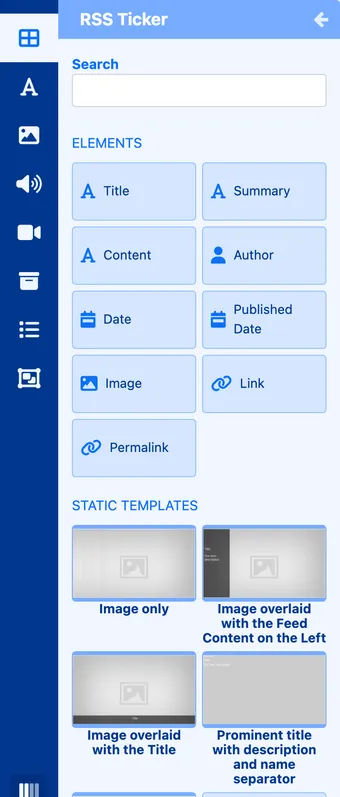 The RSS Ticker panel with its elements (Title, Summary, Content, Date, Image and more) and its static templates
