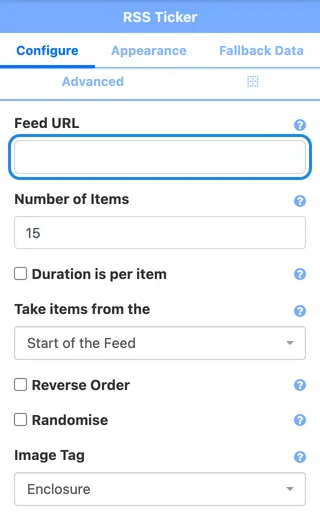 The RSS Ticker settings with the Feed URL box highlighted
